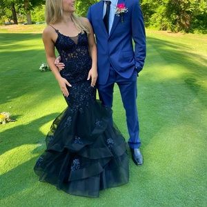 Black full length prom dress with iridescent beading.